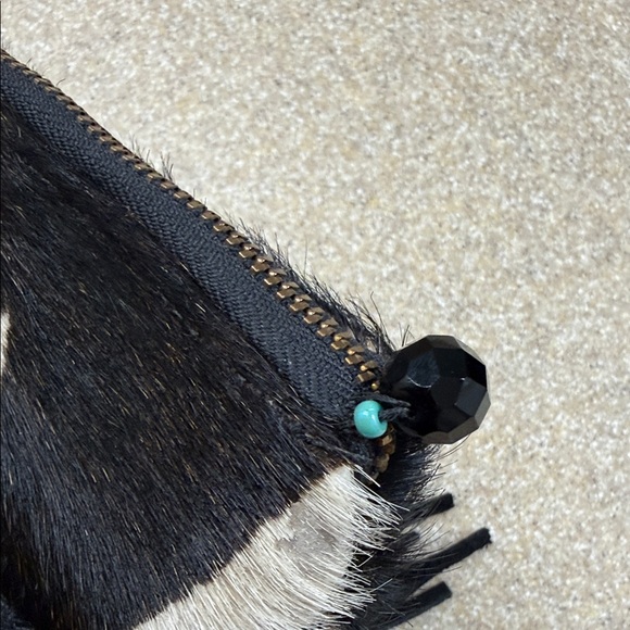 Black and White Fringed Cowhide Clutch with Blue & Green Floral Detail by Bonnie